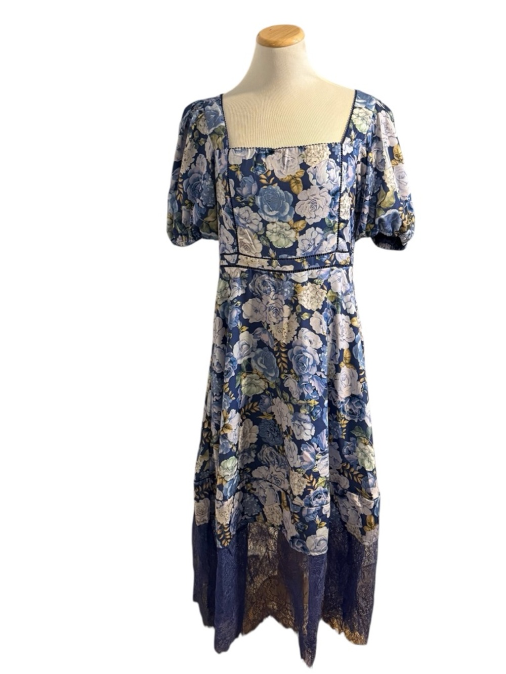 Rachel Parcell Puff Sleeve Blue Floral Lace-Trim Midi Dress - Picture 2 of 13